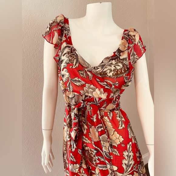 Diane Von Furstenberg Red Floral Silk Tie Waist Dress Size 6 - Picture 2 of 7